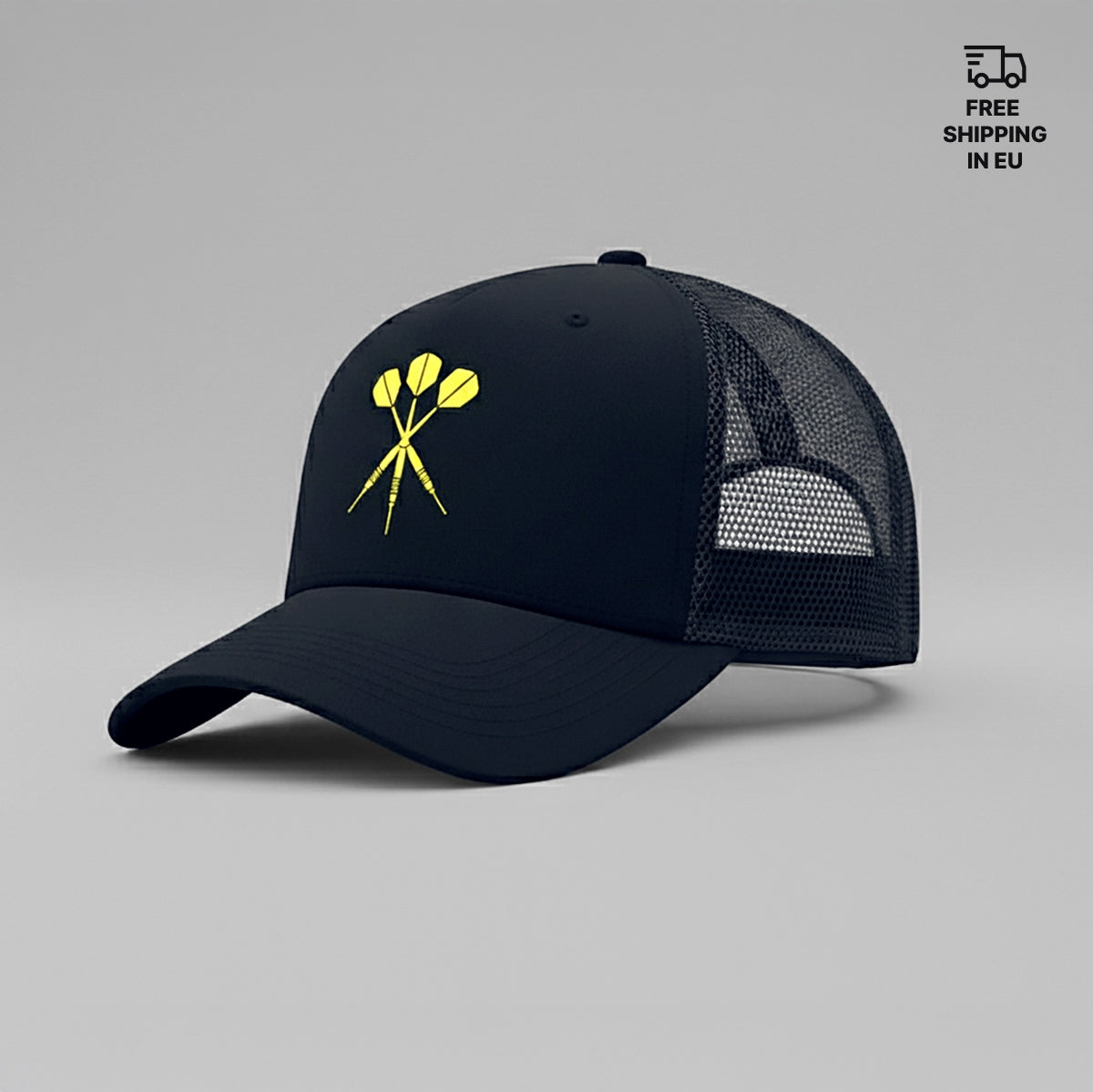 Black cap with yellow darts logo on a gray background
