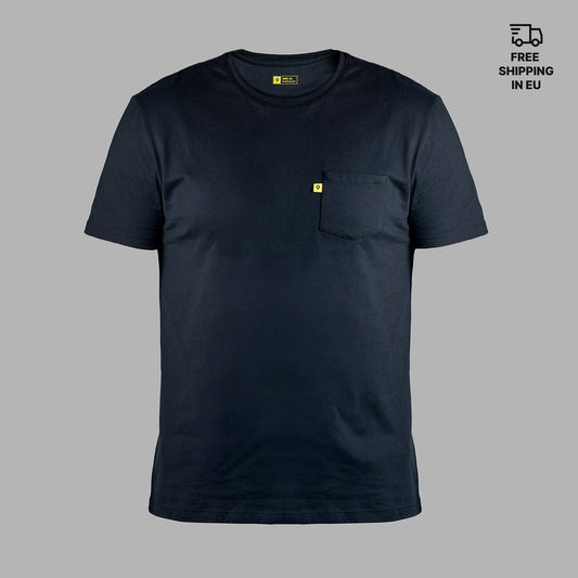 Black t-shirt with a small yellow logo on a gray background
