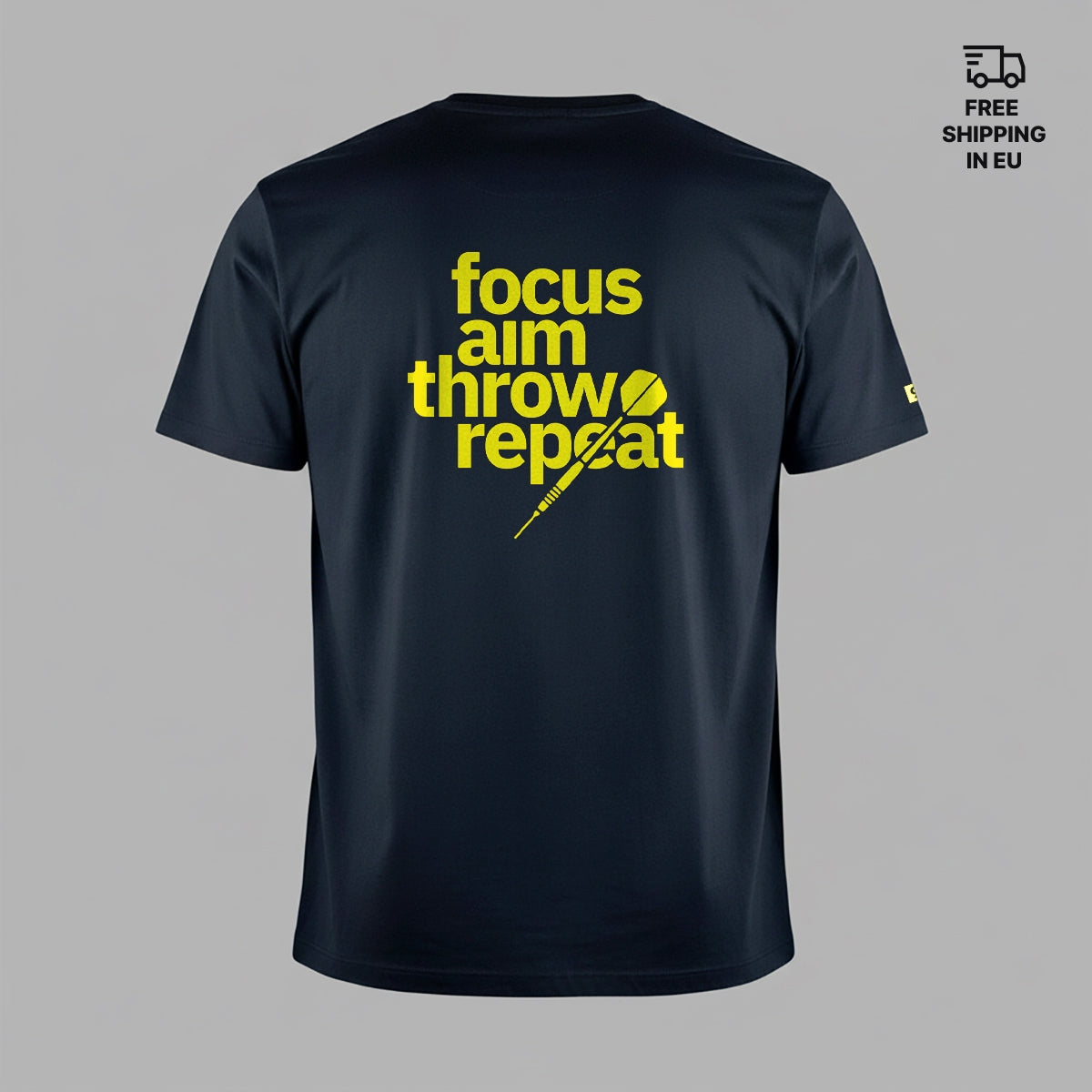 Black t-shirt with yellow text 'focus aim throw repeat' on a gray background