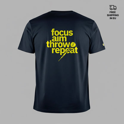Black t-shirt with yellow text 'focus aim throw repeat' on a gray background