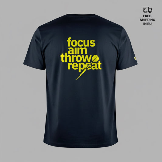 Black t-shirt with yellow text 'focus aim throw repeat' on a gray background