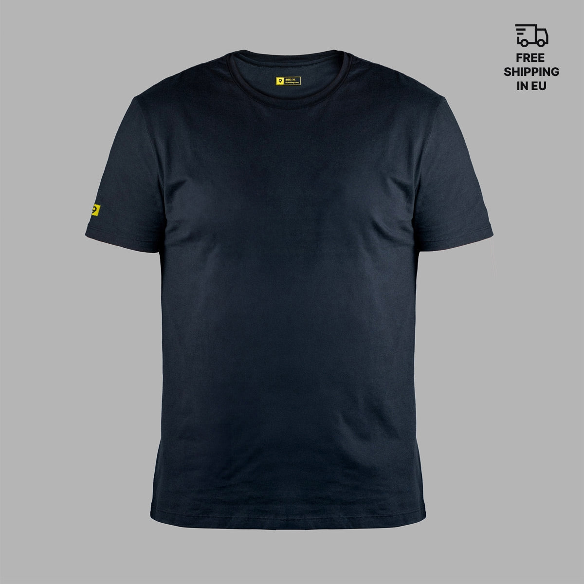 Black t-shirt with yellow labels on a gray background