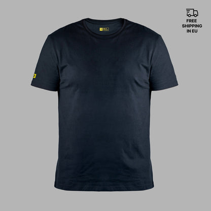 Black t-shirt with yellow labels on a gray background