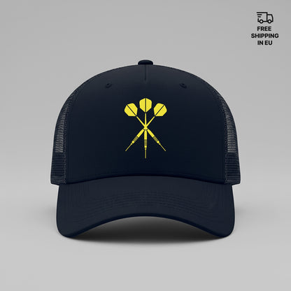 Black cap with yellow darts logo on a gray background