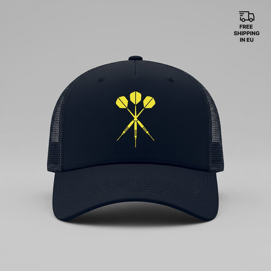Black cap with yellow darts logo on a gray background